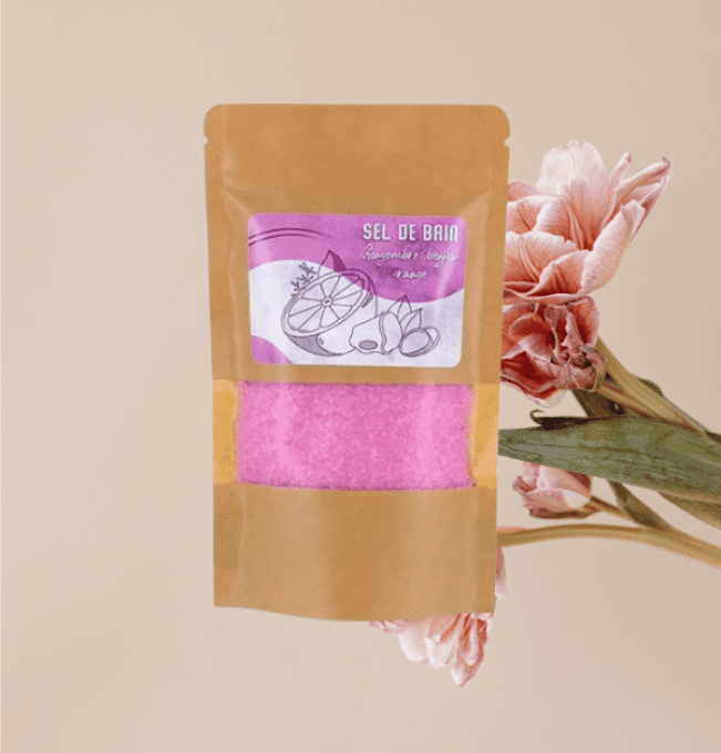 Sels de bain aux huiles essentielles de Gingembre et Orange et Benjoin.