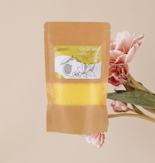 Sels de bain aux huiles essentielles de Pamplemousse, Menthe Poivrée et MayChang.